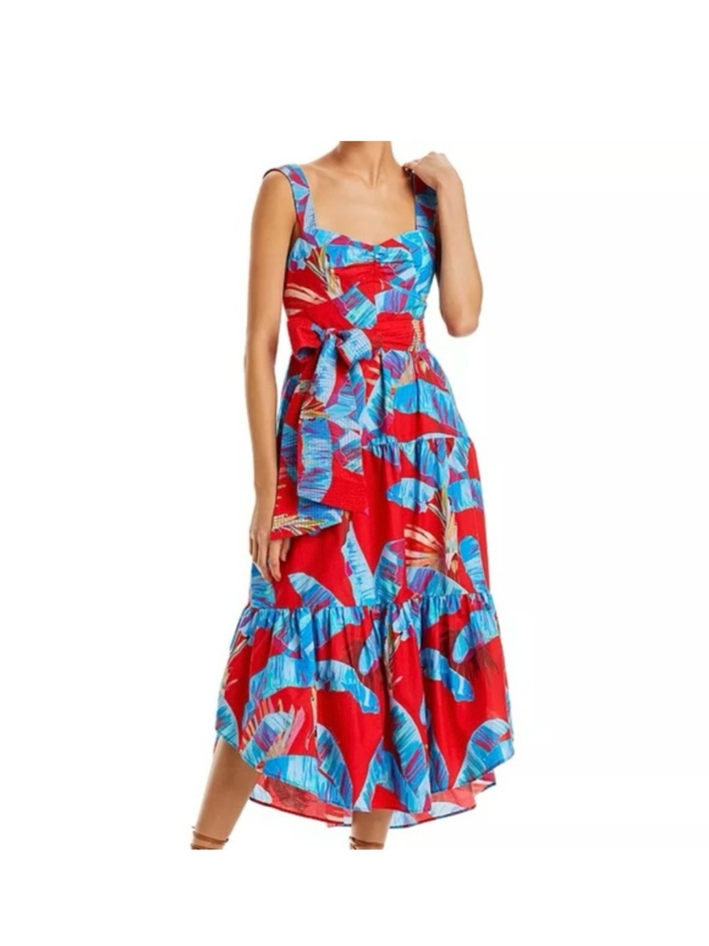 FARM Rio Red and Blue Tropical Tie-Waist Maxi Dress